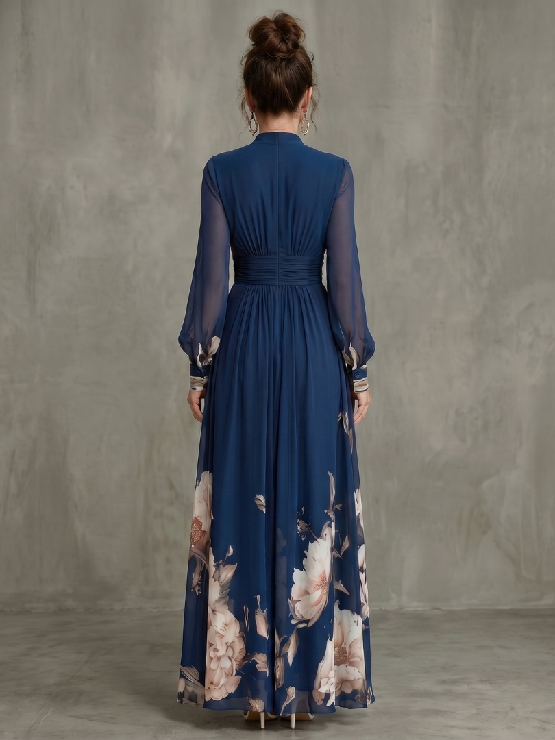 Women's Floral Maxi Dress with Sheer Long Sleeves | Charlotte