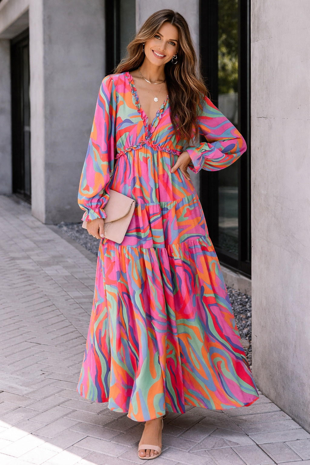 Women's Floral Maxi Dress with V-Neck & Long Sleeves | Ursula
