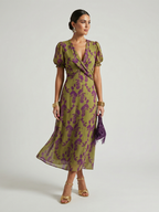 Women's Floral Midi Dress with Wrap V-Neck & Puff Sleeves | Wendy