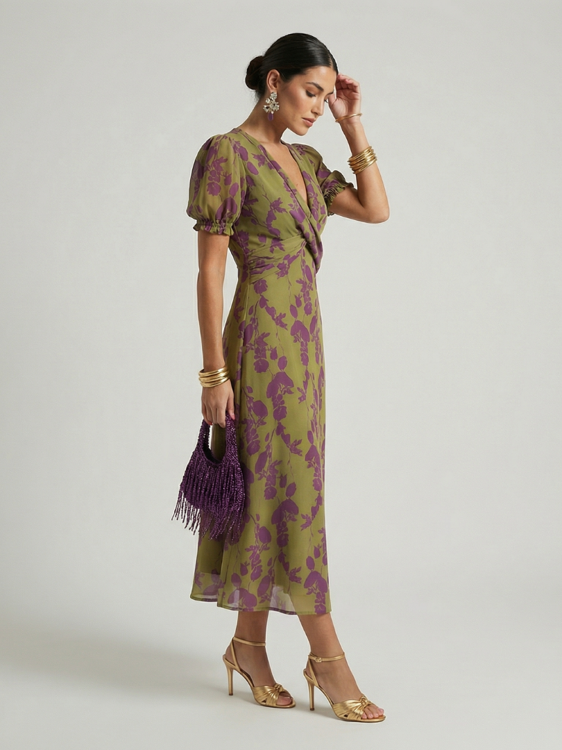 Women's Floral Midi Dress with Wrap V-Neck & Puff Sleeves | Wendy