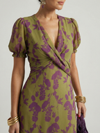 Women's Floral Midi Dress with Wrap V-Neck & Puff Sleeves | Wendy