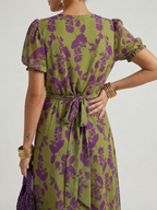 Women's Floral Midi Dress with Wrap V-Neck & Puff Sleeves | Wendy