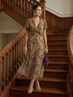 Women's Floral Midi Dress with Wrap V-Neck & Puff Sleeves | Wendy