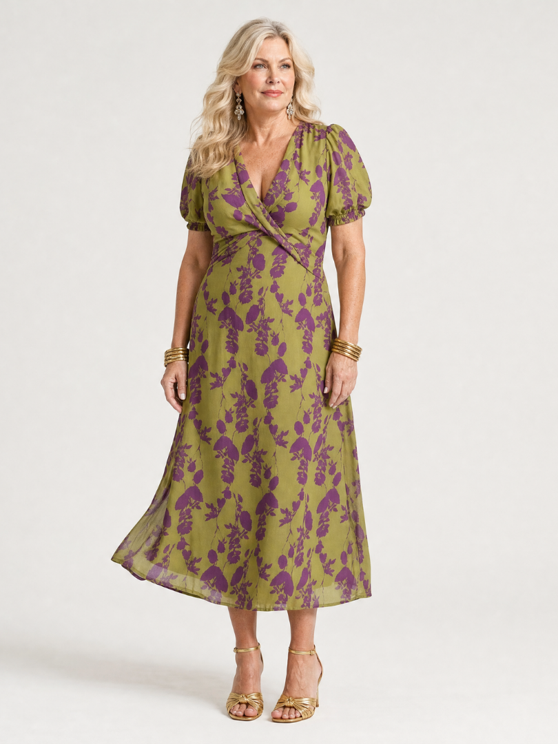 Women's Floral Midi Dress with Wrap V-Neck & Puff Sleeves | Wendy