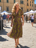 Women's Floral Midi Dress with Wrap V-Neck & Puff Sleeves | Wendy