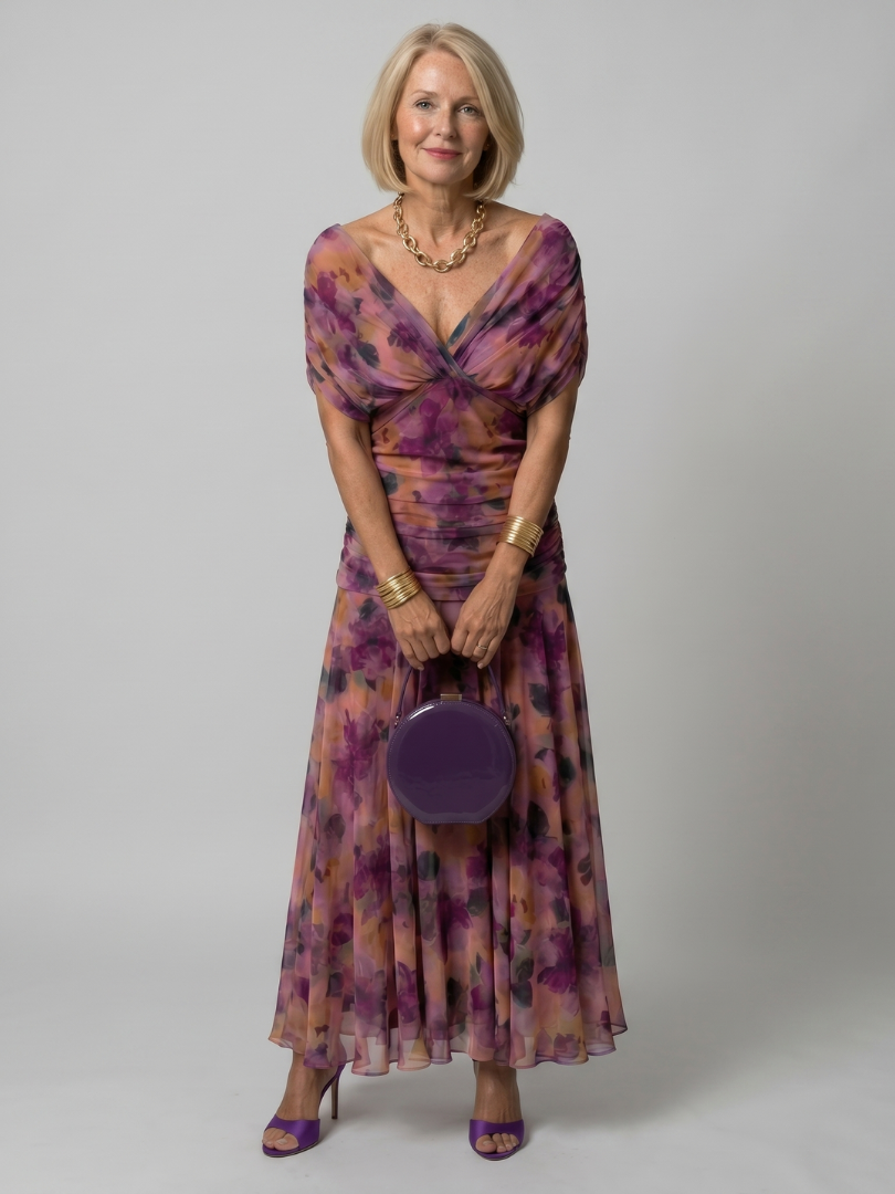 Women's Floral Off-Shoulder Chiffon Midi Dress | Elsie