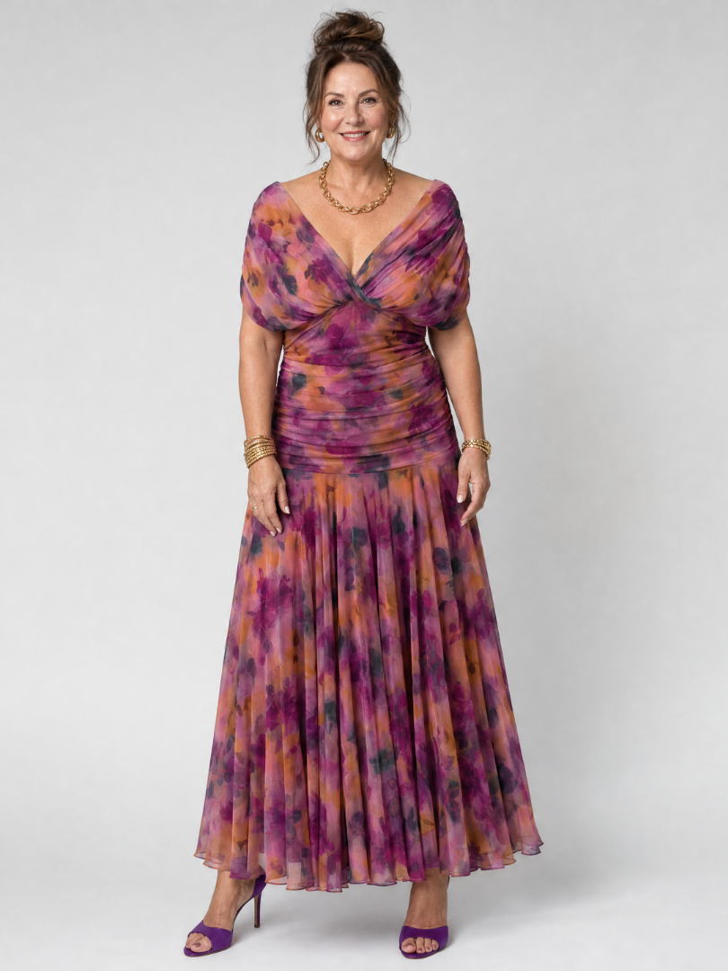 Women's Floral Off-Shoulder Chiffon Midi Dress | Elsie
