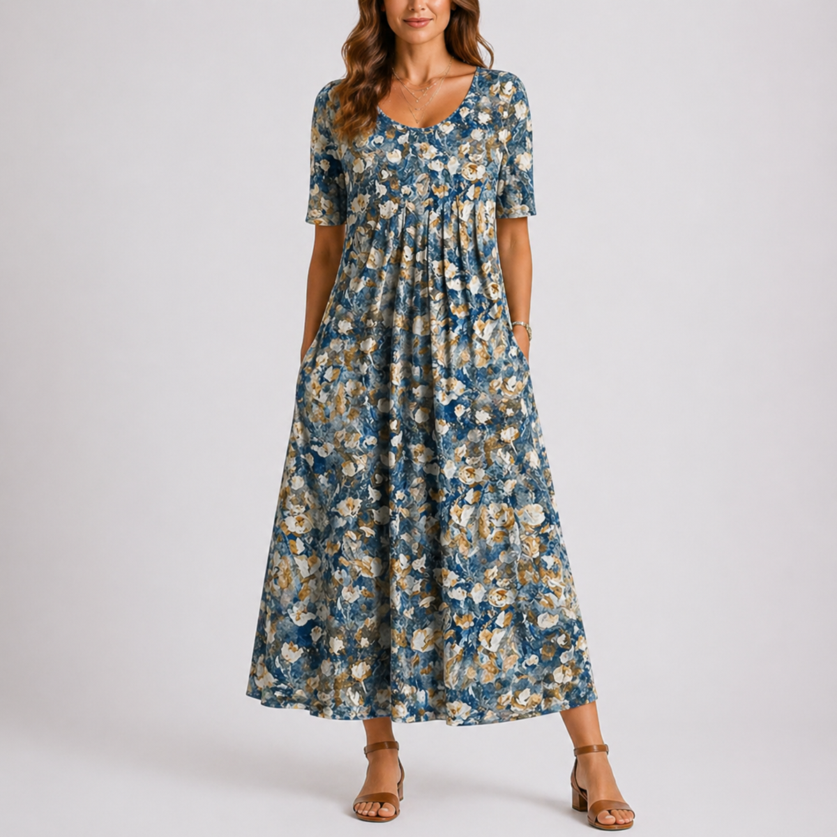 Women's Floral Print A-Line Maxi Dress with Pockets | Sophie