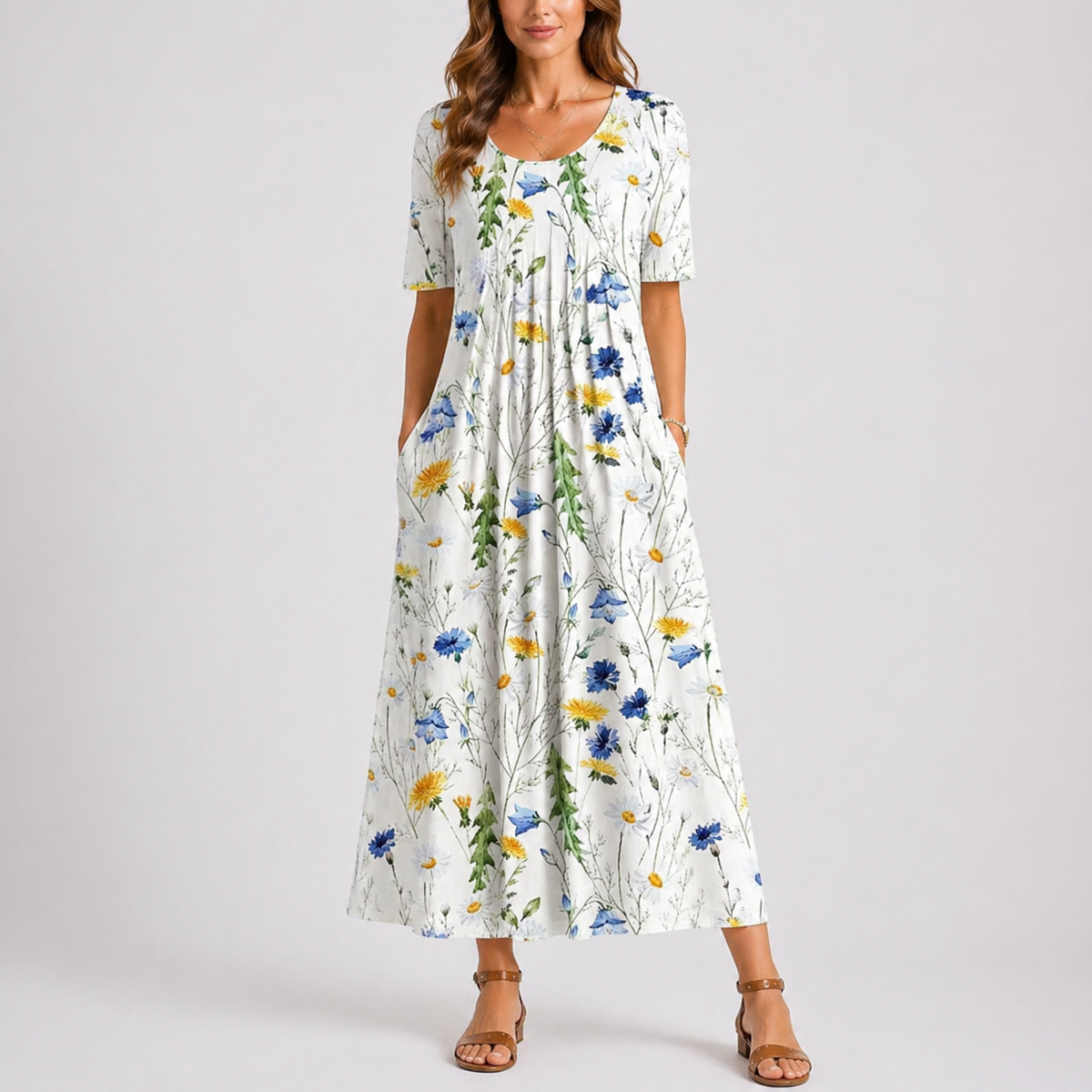 Women's Floral Print A-Line Maxi Dress with Pockets | Sophie