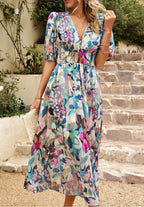 Women's Floral Print Maxi Dress with V-Neck Puff Sleeves | Olivia