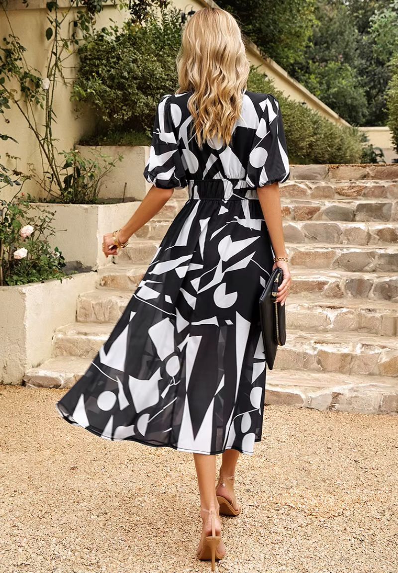 Women's Floral Print Maxi Dress with V-Neck Puff Sleeves | Olivia