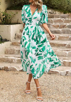 Women's Floral Print Maxi Dress with V-Neck Puff Sleeves | Olivia