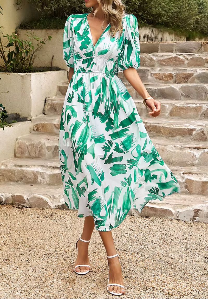 Women's Floral Print Maxi Dress with V-Neck Puff Sleeves | Olivia