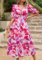 Women's Floral Print Maxi Dress with V-Neck Puff Sleeves | Olivia