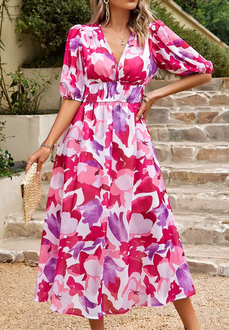 Women's Floral Print Maxi Dress with V-Neck Puff Sleeves | Olivia