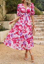 Women's Floral Print Maxi Dress with V-Neck Puff Sleeves | Olivia