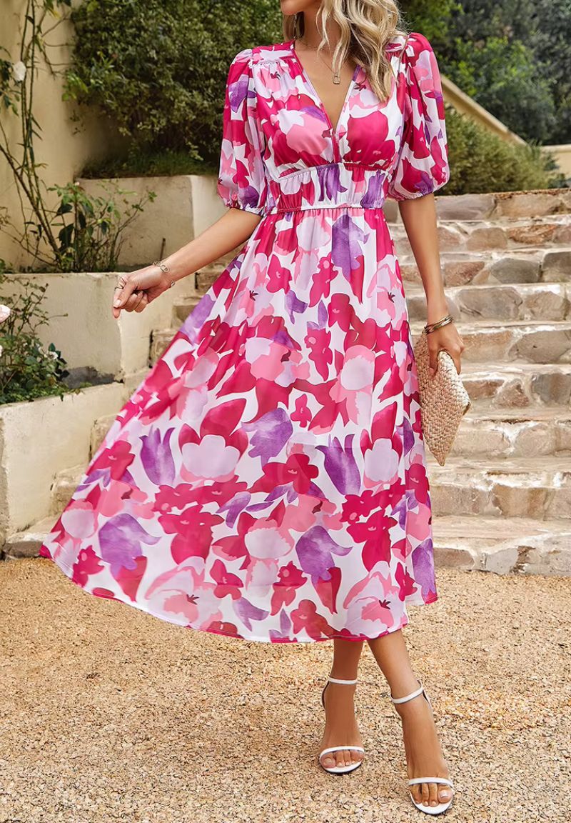 Women's Floral Print Maxi Dress with V-Neck Puff Sleeves | Olivia