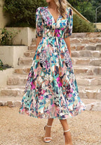 Women's Floral Print Maxi Dress with V-Neck Puff Sleeves | Olivia