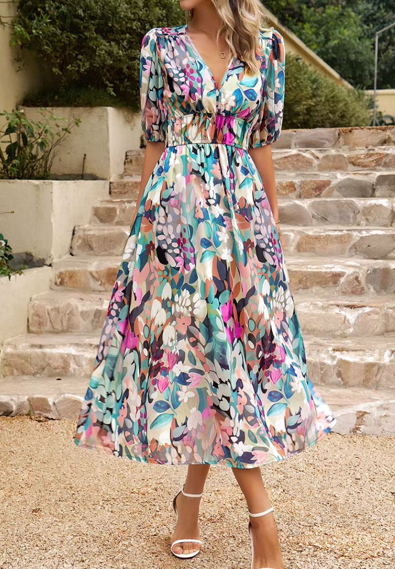 Women's Floral Print Maxi Dress with V-Neck Puff Sleeves | Olivia