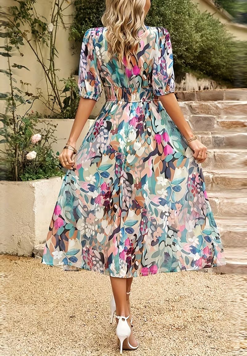 Women's Floral Print Maxi Dress with V-Neck Puff Sleeves | Olivia