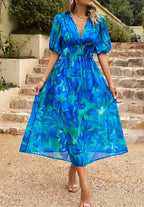 Women's Floral Print Maxi Dress with V-Neck Puff Sleeves | Olivia