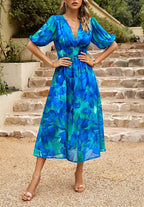 Women's Floral Print Maxi Dress with V-Neck Puff Sleeves | Olivia