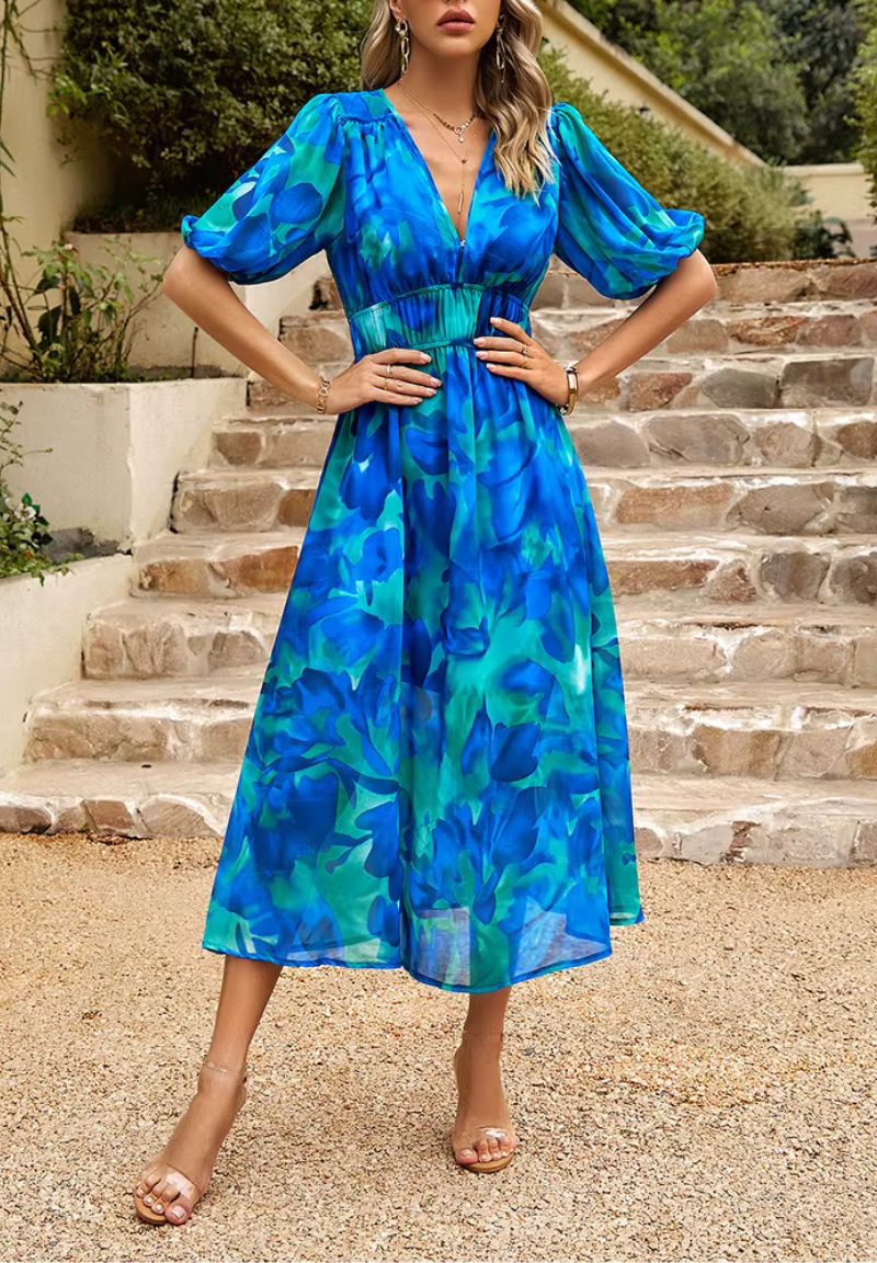 Women's Floral Print Maxi Dress with V-Neck Puff Sleeves | Olivia