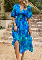 Women's Floral Print Maxi Dress with V-Neck Puff Sleeves | Olivia