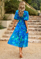 Women's Floral Print Maxi Dress with V-Neck Puff Sleeves | Olivia