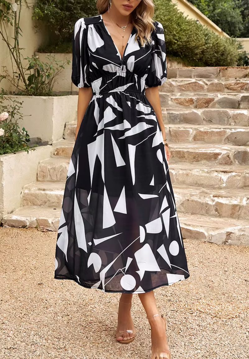 Women's Floral Print Maxi Dress with V-Neck Puff Sleeves | Olivia