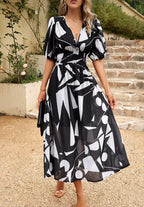 Women's Floral Print Maxi Dress with V-Neck Puff Sleeves | Olivia