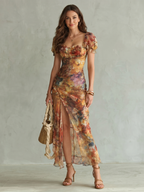 Women's Floral Ruched Midi Dress with Ruffle Sleeves | Millie