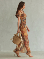 Women's Floral Ruched Midi Dress with Ruffle Sleeves | Millie