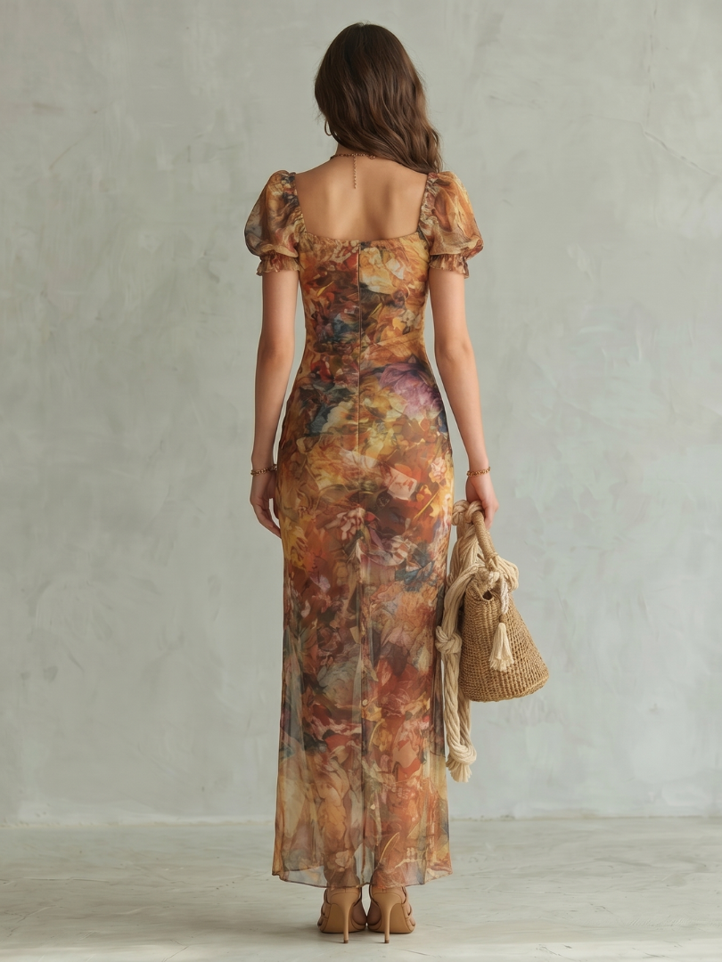 Women's Floral Ruched Midi Dress with Ruffle Sleeves | Millie