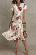 Women's Floral Satin Wrap Midi Dress with Flutter Sleeves | Nell