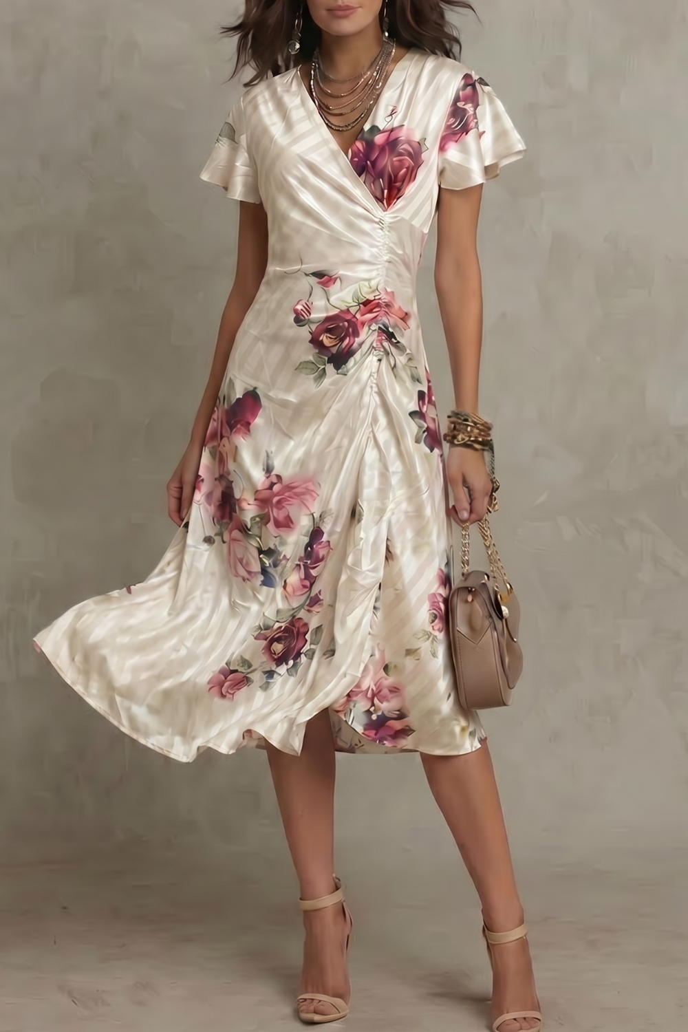 Women's Floral Satin Wrap Midi Dress with Flutter Sleeves | Nell