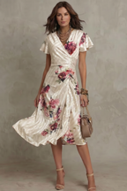 Women's Floral Satin Wrap Midi Dress with Flutter Sleeves | Nell