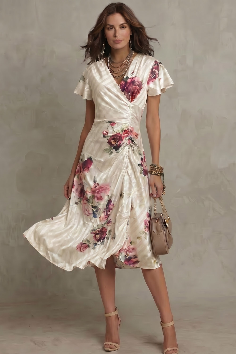 Women's Floral Satin Wrap Midi Dress with Flutter Sleeves | Nell