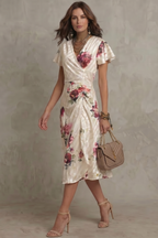Women's Floral Satin Wrap Midi Dress with Flutter Sleeves | Nell