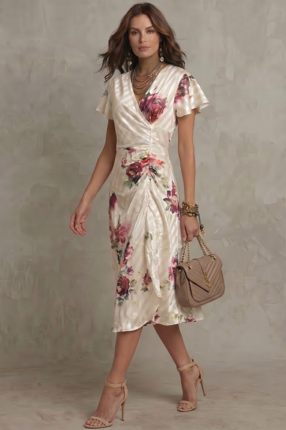 Women's Floral Satin Wrap Midi Dress with Flutter Sleeves | Nell
