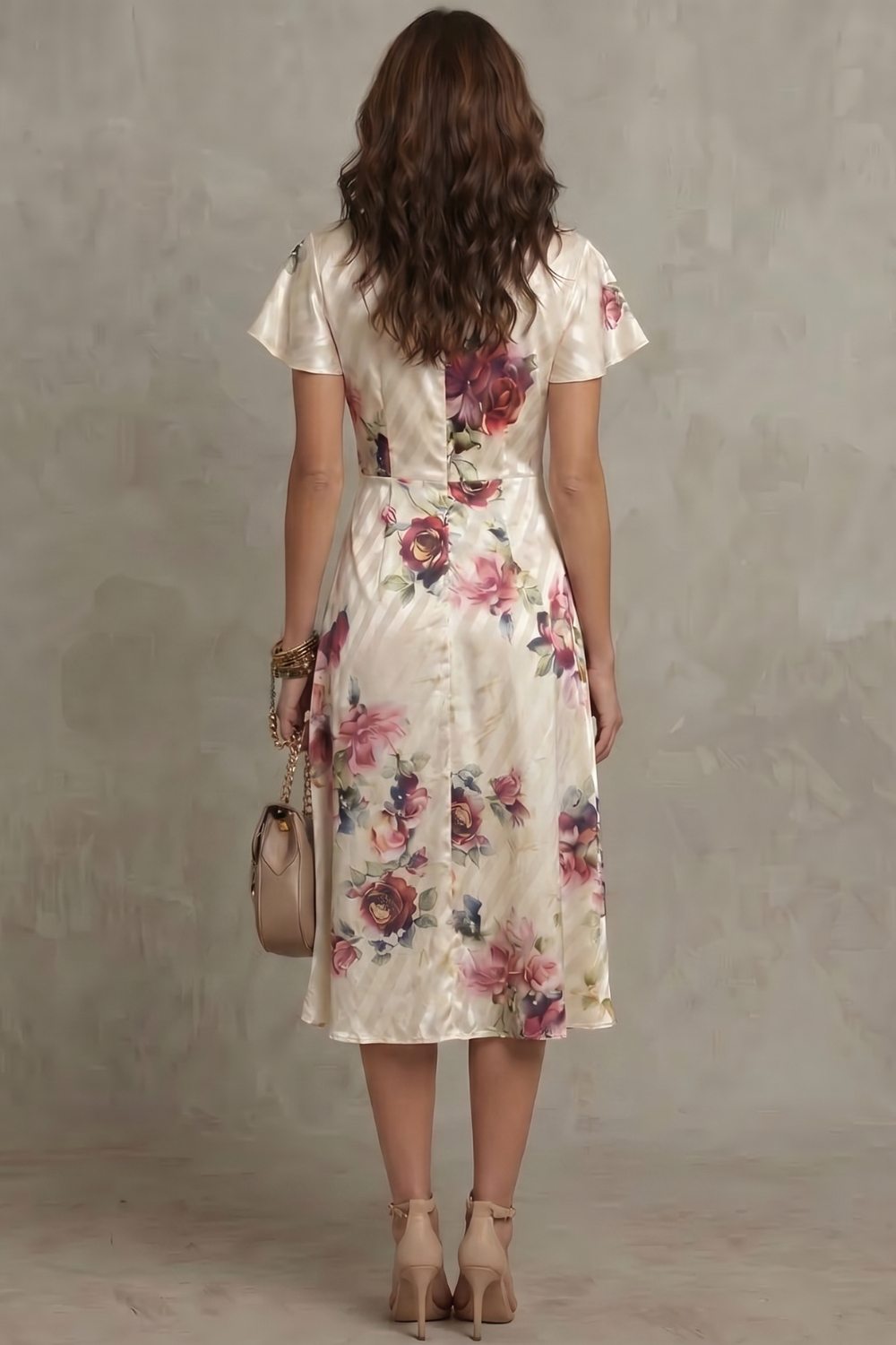 Women's Floral Satin Wrap Midi Dress with Flutter Sleeves | Nell