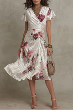 Women's Floral Satin Wrap Midi Dress with Flutter Sleeves | Nell
