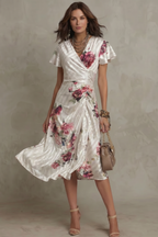 Women's Floral Satin Wrap Midi Dress with Flutter Sleeves | Nell
