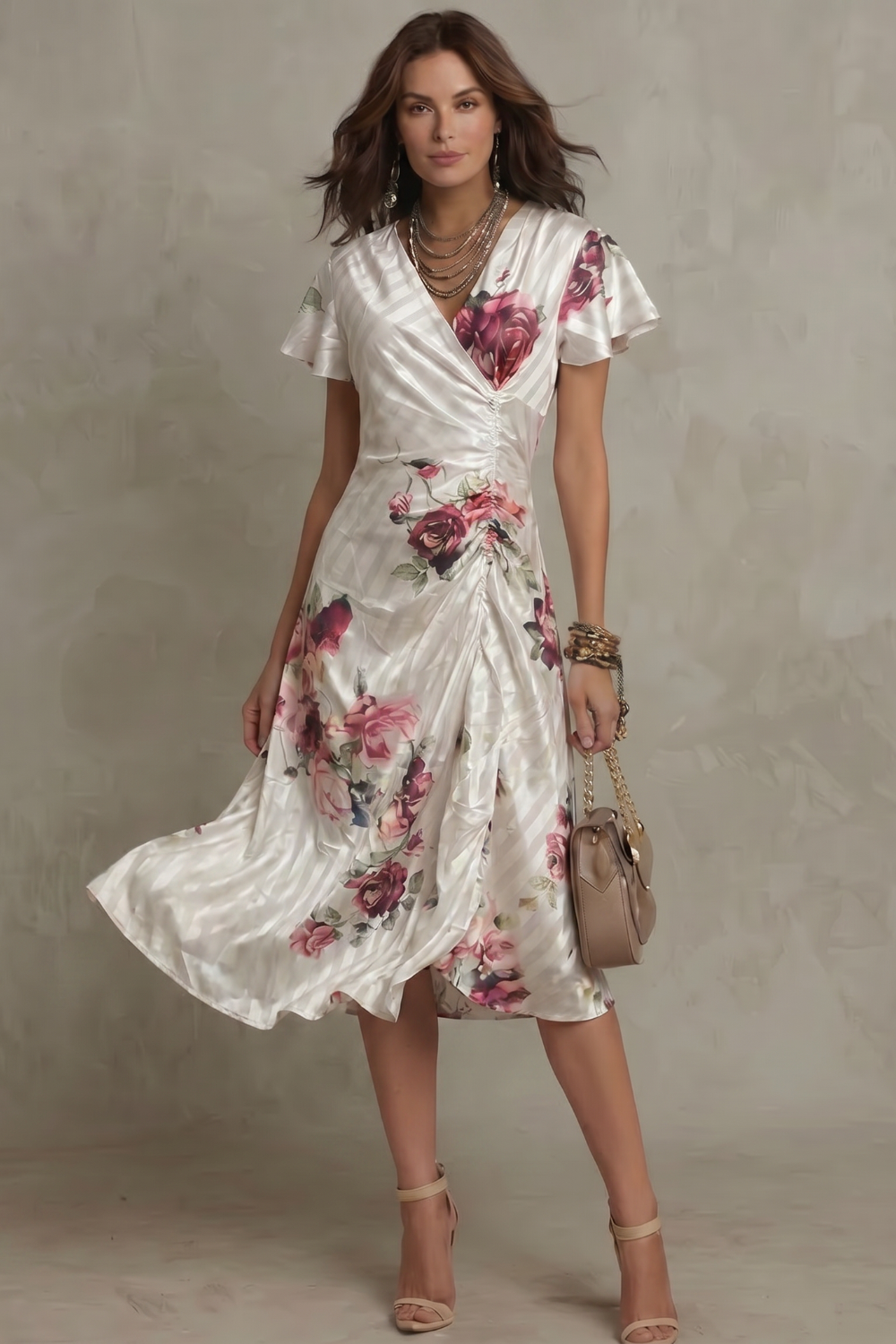 Women's Floral Satin Wrap Midi Dress with Flutter Sleeves | Nell