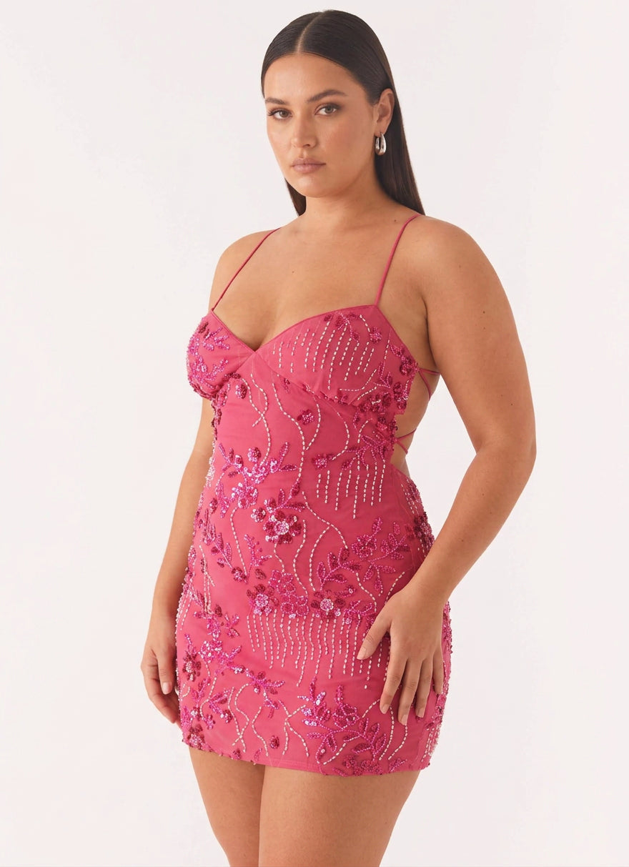 Women's Floral Sequin Beaded Mini Dress | Aubrey