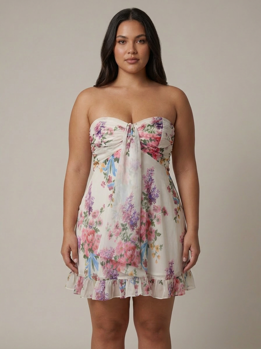 Women's Floral Strapless Ruffle Mini Dress | Audrey