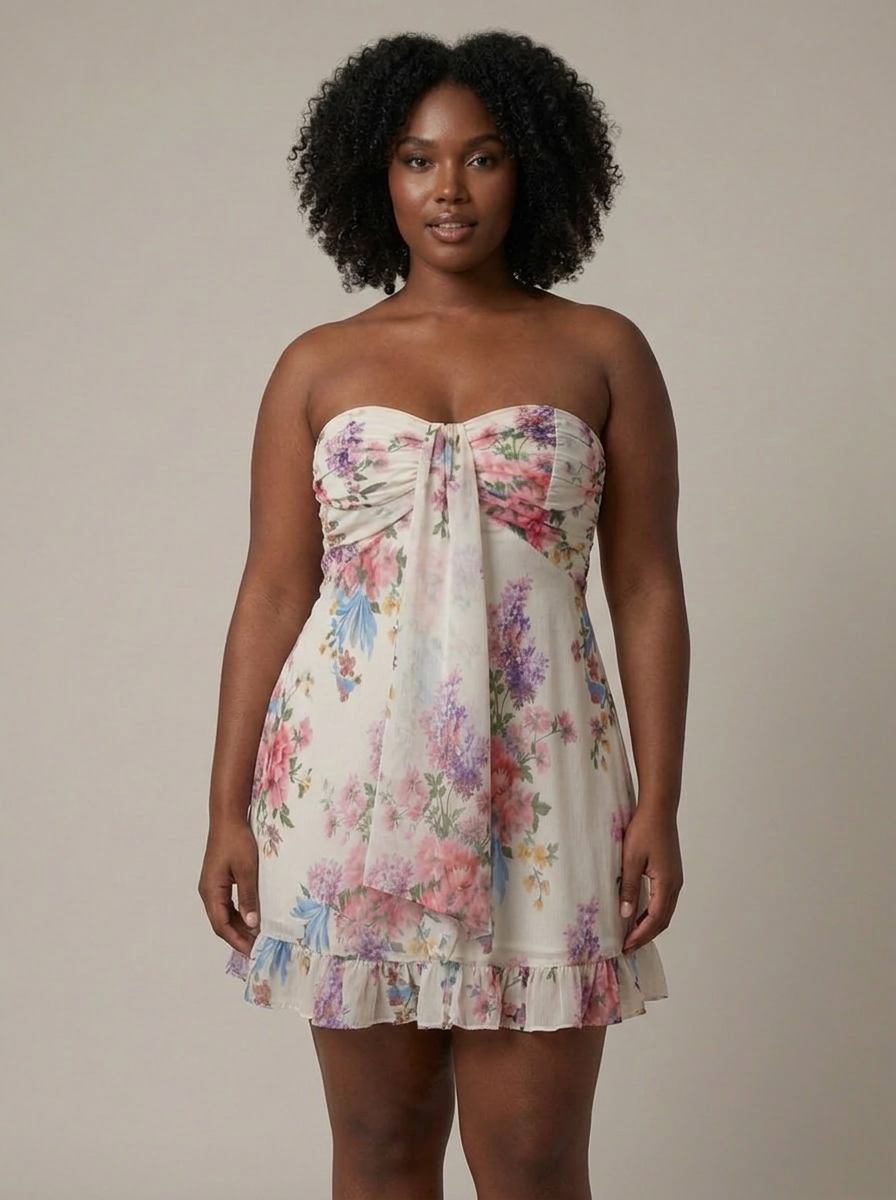 Women's Floral Strapless Ruffle Mini Dress | Audrey