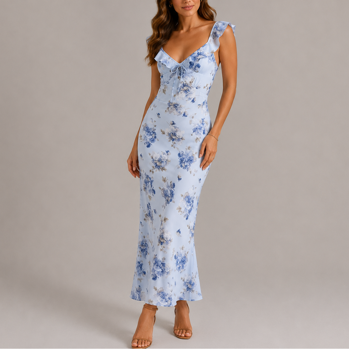 Women's Floral Tie-Front Ruffle Strap Maxi Dress | Pearl
