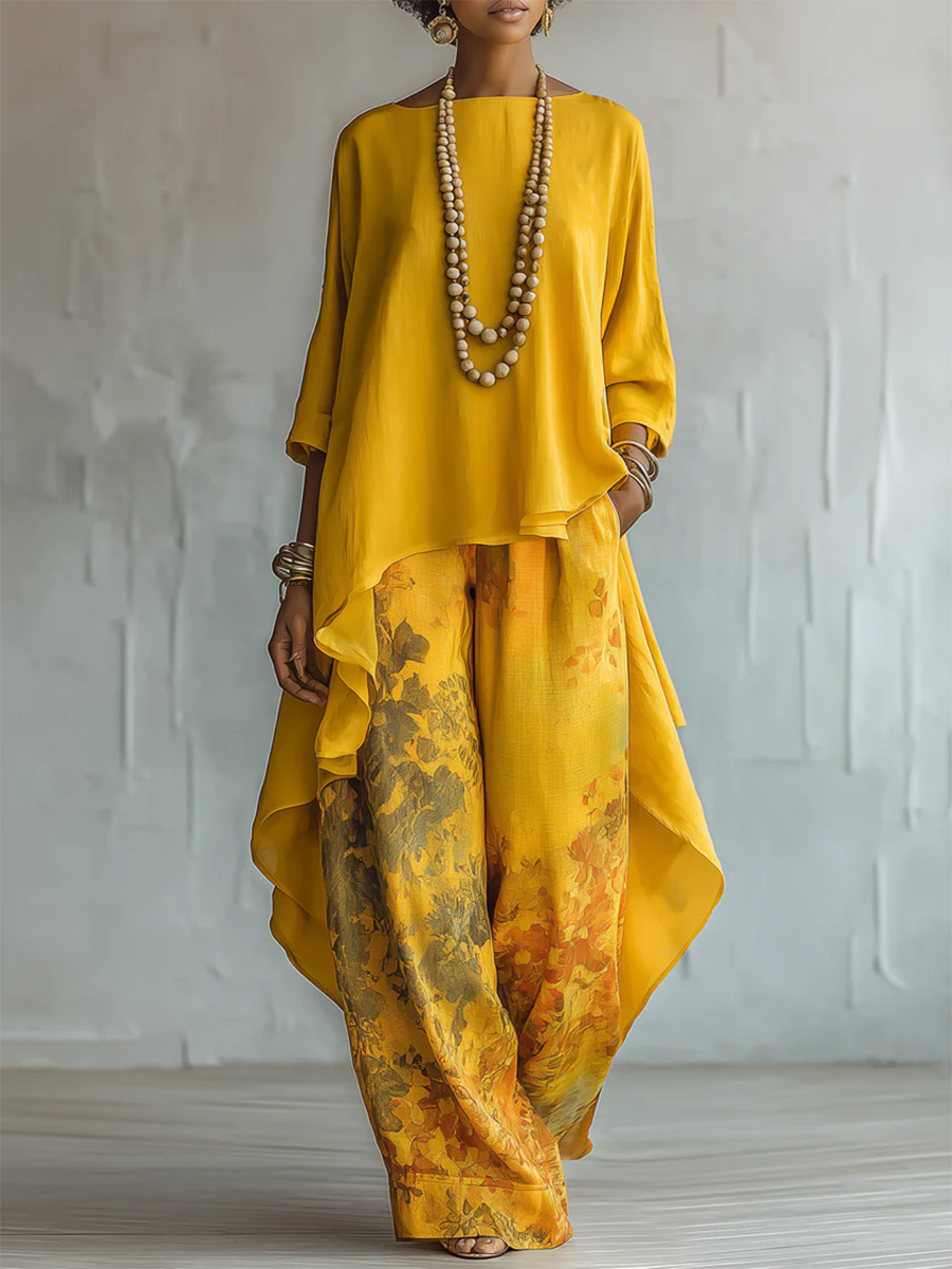 Women's Floral Two-Piece Set with Cape Top & Wide-Leg Pants | Aurora