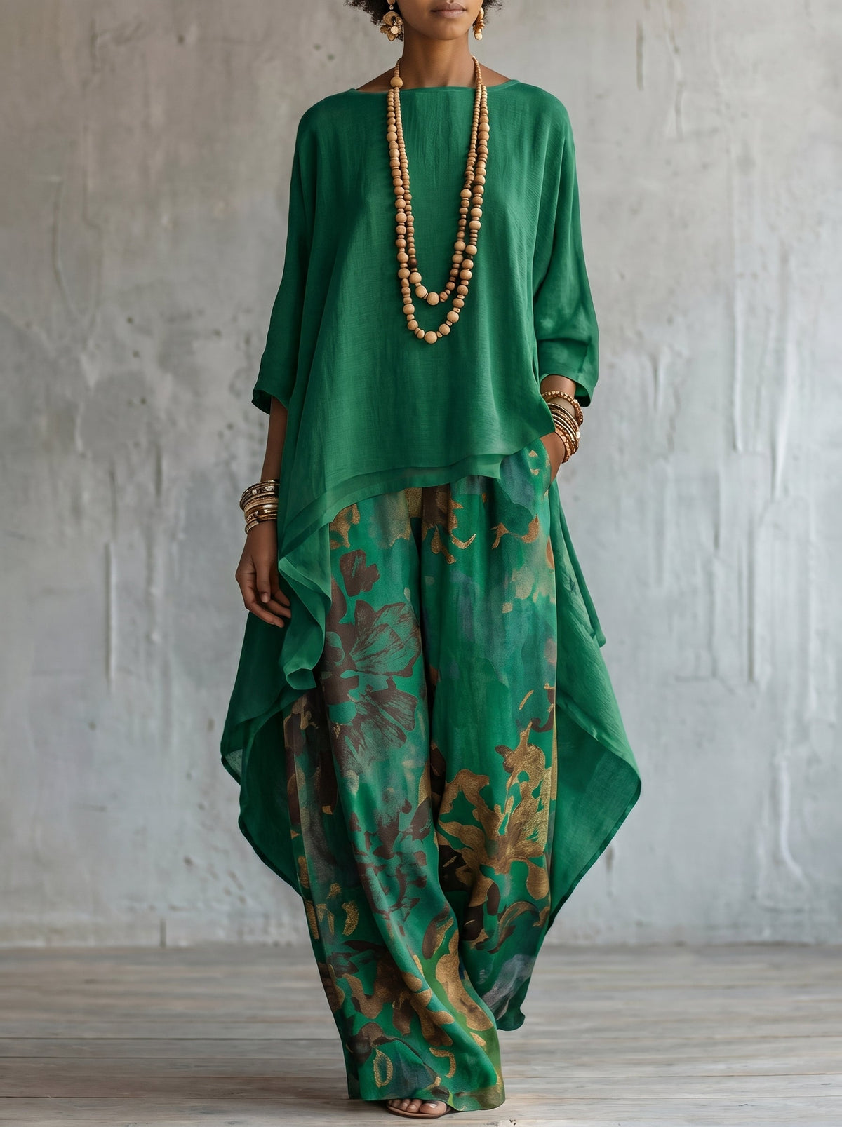 Women's Floral Two-Piece Set with Cape Top & Wide-Leg Pants | Aurora